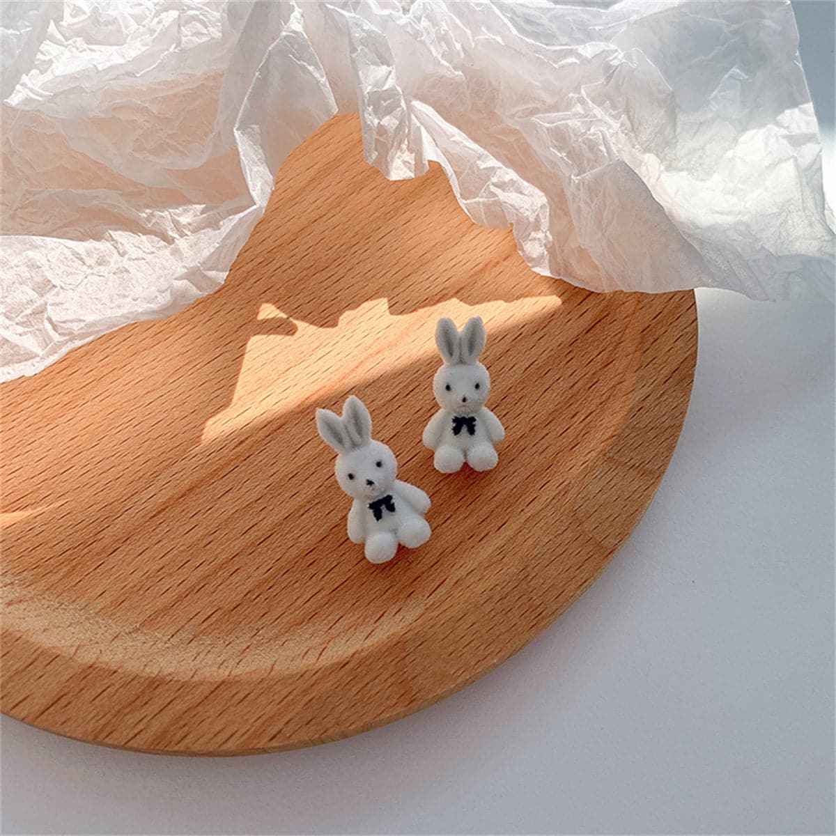 White Gabardine and Silver-Plated Rabbit Stud Earrings, silver stud earrings for women, everyday style, front view