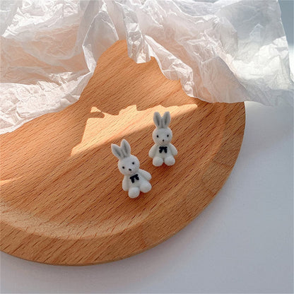 White Gabardine and Silver-Plated Rabbit Stud Earrings, silver stud earrings for women, everyday style, front view