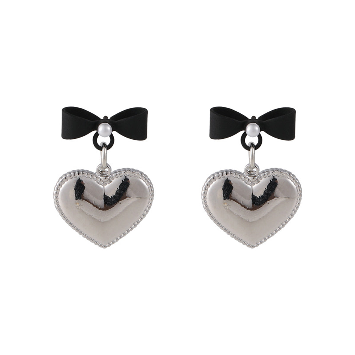 Pearl and Black Enamel Silver-Plated Bow Heart Drop Earrings, silver drop earrings for women, front view