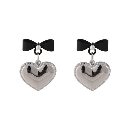 Pearl and Black Enamel Silver-Plated Bow Heart Drop Earrings, silver drop earrings for women, front view