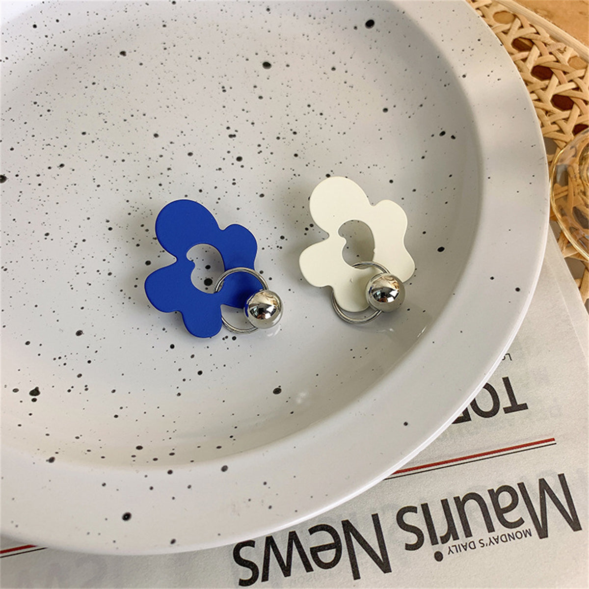 Blue & White Floral Asymmetrical Drop Earrings