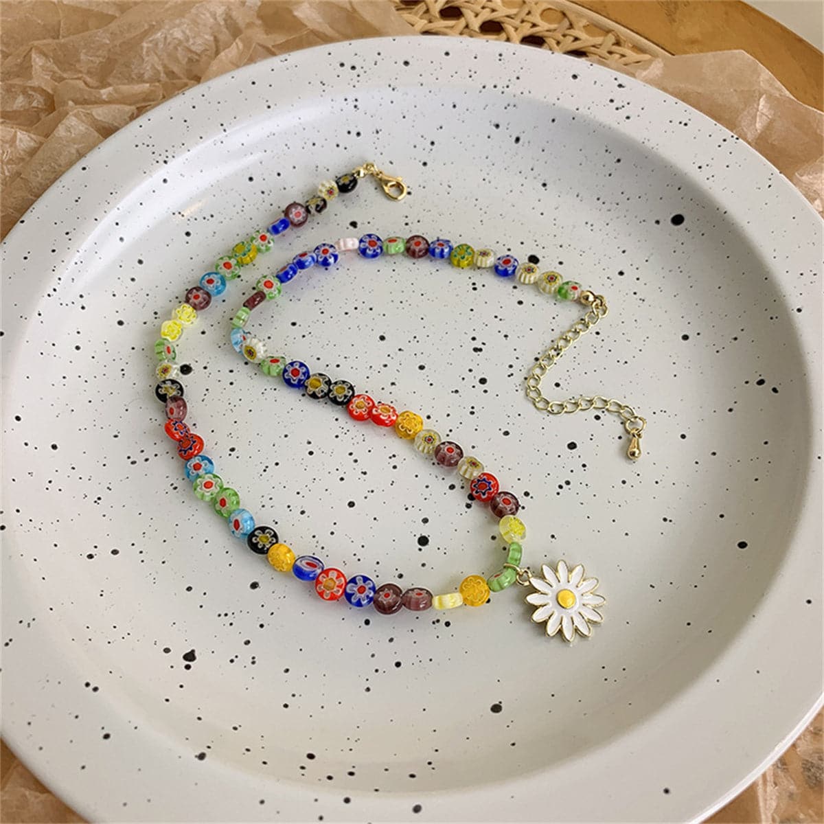 White Enamel and Multicolor Acrylic 18K Gold-Plated Daisy Pendant Beaded Necklace, gold pendant necklace for women, side view