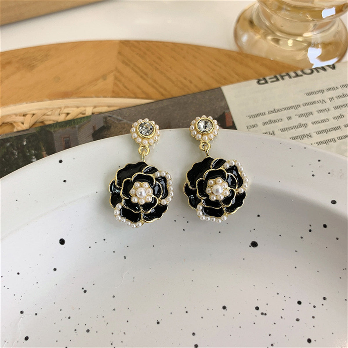 Cubic Zirconia & Pearl Black Enamel 18K Gold-Plated Tiered Camellia Drop Earrings