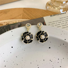 Cubic Zirconia & Pearl Black Enamel 18K Gold-Plated Tiered Camellia Drop Earrings