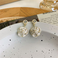 Cubic Zirconia & Pearl White Enamel 18K Gold-Plated Tiered Camellia Drop Earrings