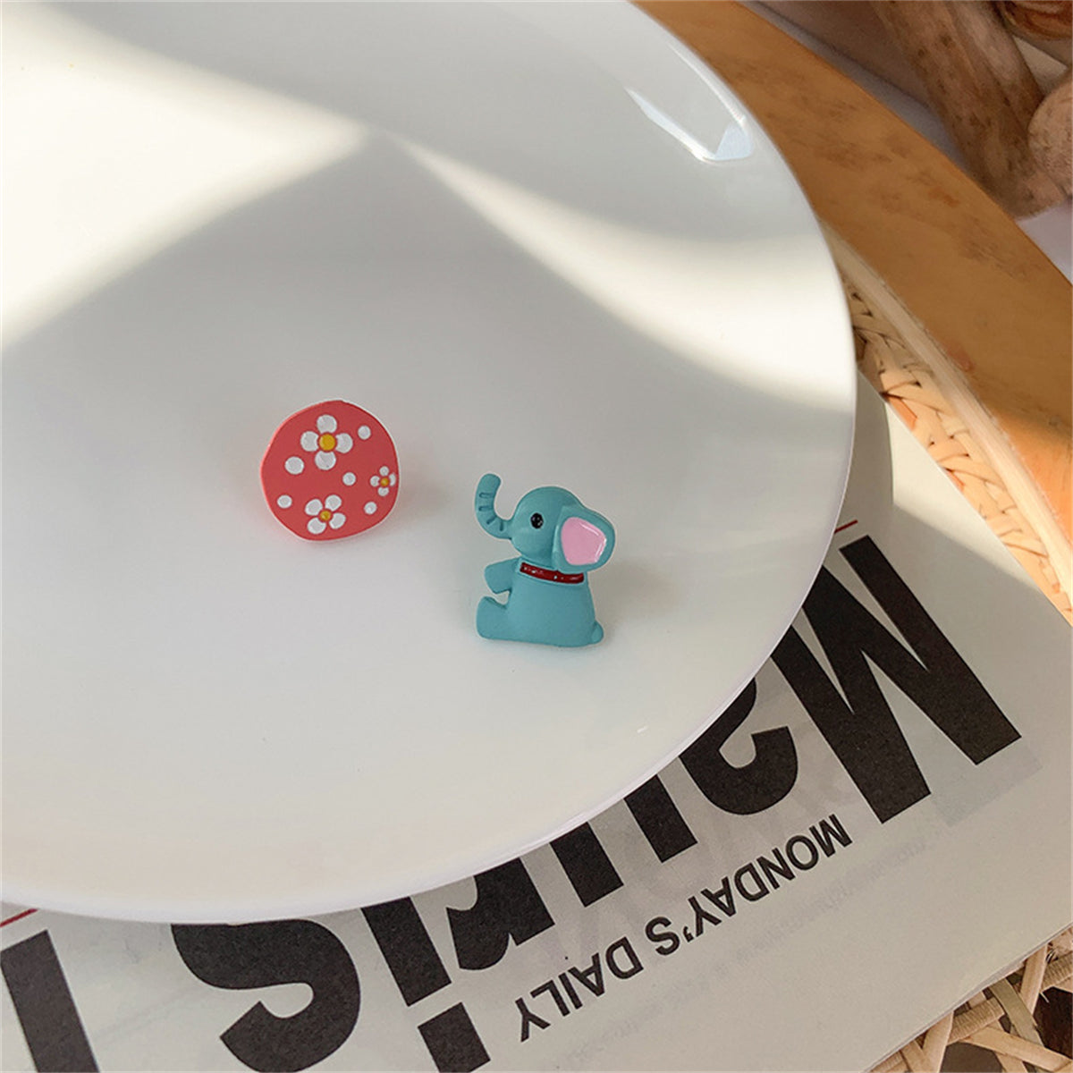 Pink Flower & Teal Enamel Elephant Mismatch Stud Earrings