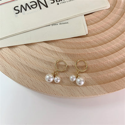 Pearl and 18K Gold-Plated Double Charm Drop Earrings, gold huggie earrings, elegant gift for her, side view