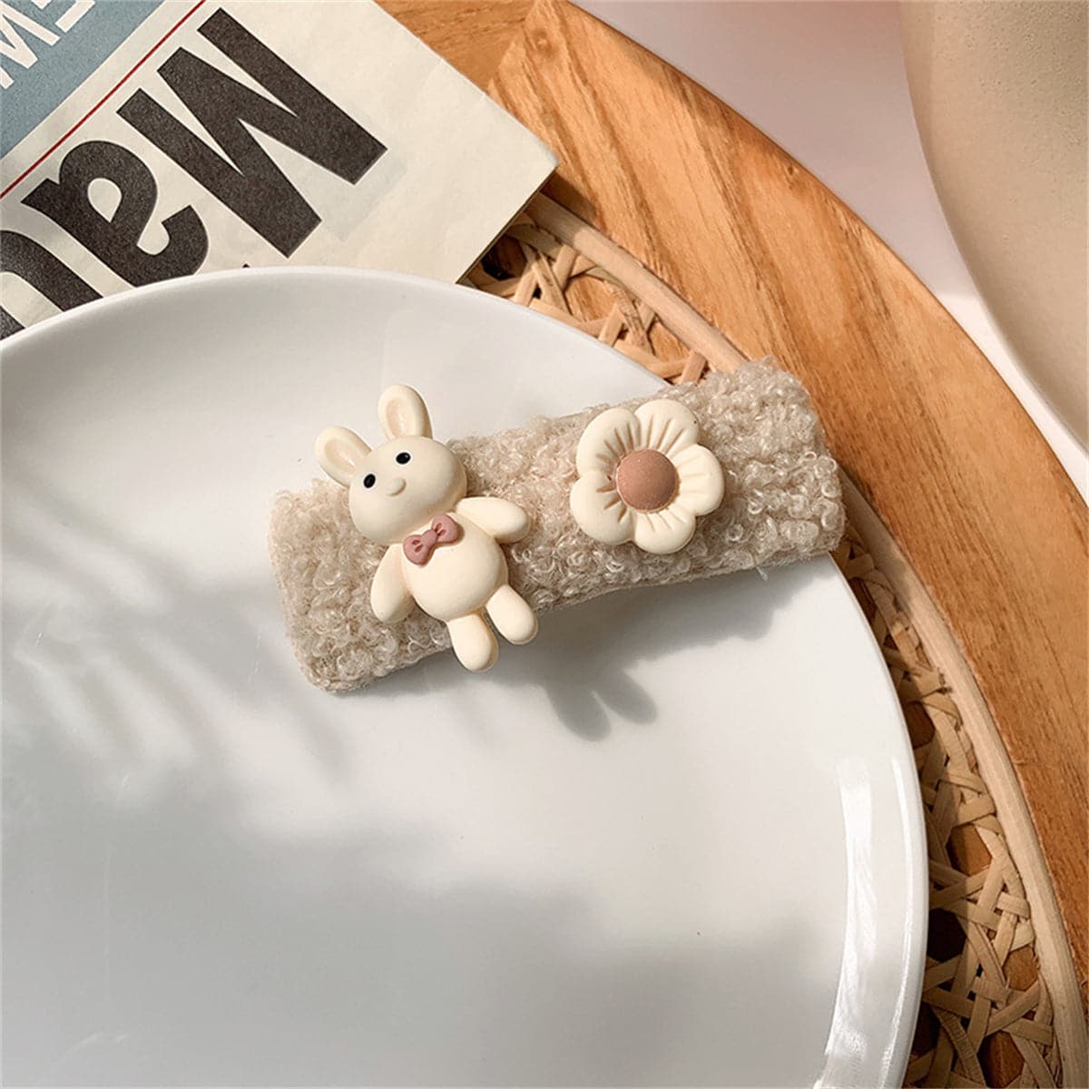 Beige and Silver-Plated Rabbit Flower Hair Clip, elegant gift for her, side view