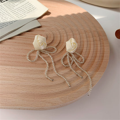 White Textile and Acrylic Rosette Beaded Tassel Drop Earrings, drop earrings for women, elegant gift for her, side view