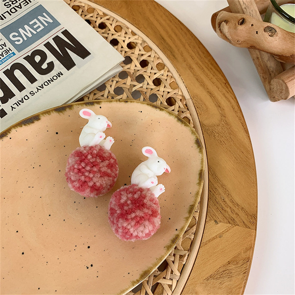 White & Pink Wool Pom-Pom Rabbit Drop Earrings
