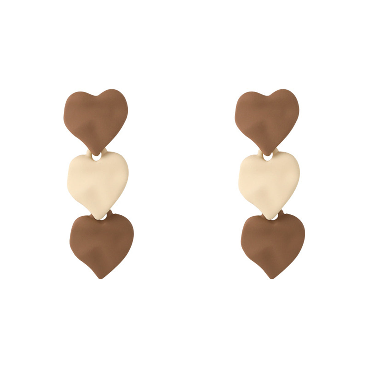 Coffee Enamel & Silver-Plated Tiered Triple Heart Drop Earrings