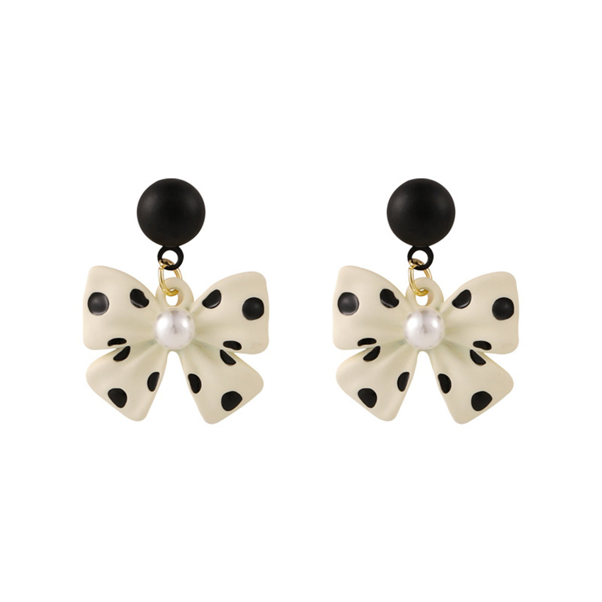 Pearl & Beige Polka Dot Bow Drop Earrings