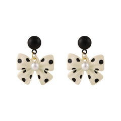 Pearl & Beige Polka Dot Bow Drop Earrings