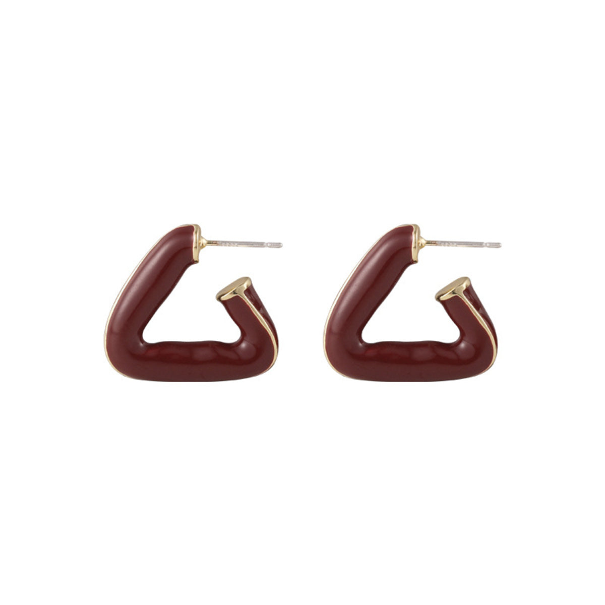 Red Enamel and 18K Gold-Plated Open Triangle Huggie Earrings, gold huggie earrings, dainty minimalist design, side view
