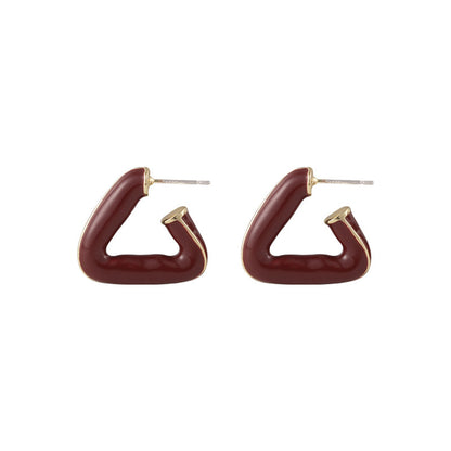 Red Enamel and 18K Gold-Plated Open Triangle Huggie Earrings, gold huggie earrings, dainty minimalist design, side view