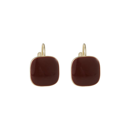 Wine Red Enamel and 18K Gold-Plated Square Huggie Earrings, gold huggie earrings, everyday style, front view