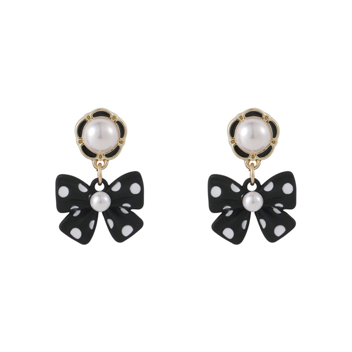 Pearl and Black Polka Dot Bow Drop Earrings, drop earrings for women, everyday style, front view