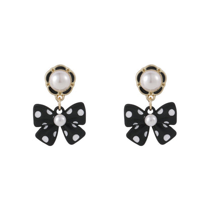 Pearl and Black Polka Dot Bow Drop Earrings, drop earrings for women, everyday style, front view
