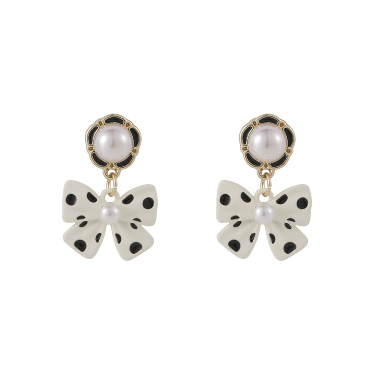 Pearl & White Polka Dot Bow Drop Earrings