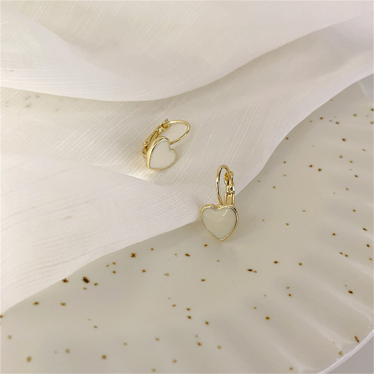 White Enamel & 18K Gold-Plated Heart Huggie Earrings