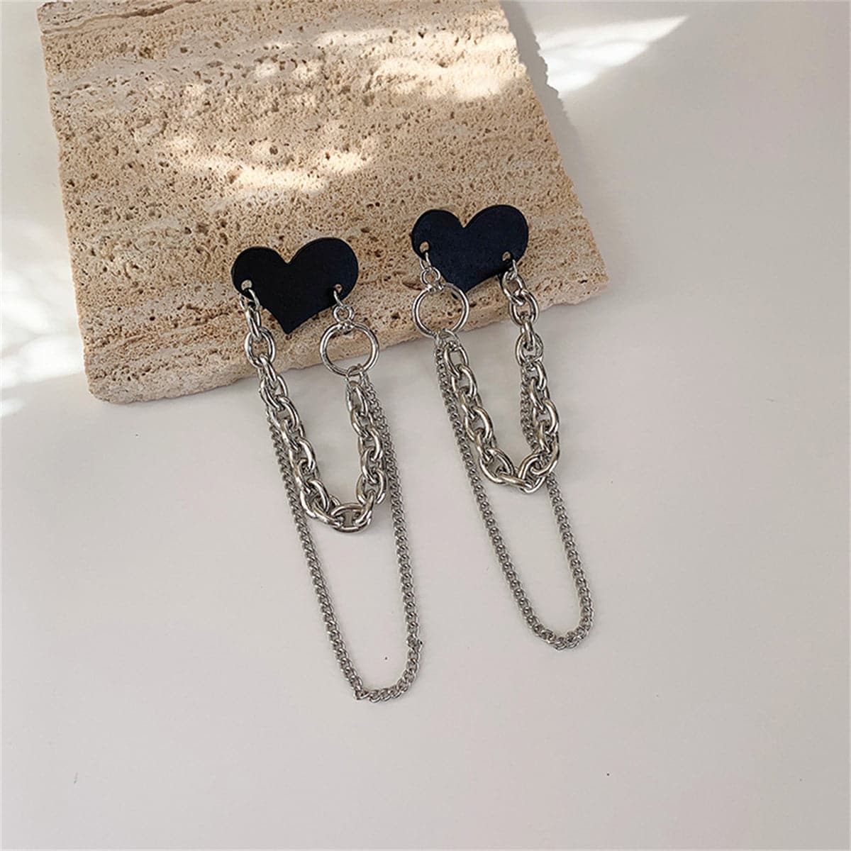 Black Acrylic & Silver-Plated Heart Chain Tassel Drop Earrings