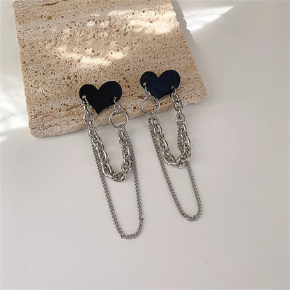 Black Acrylic & Silver-Plated Heart Chain Tassel Drop Earrings
