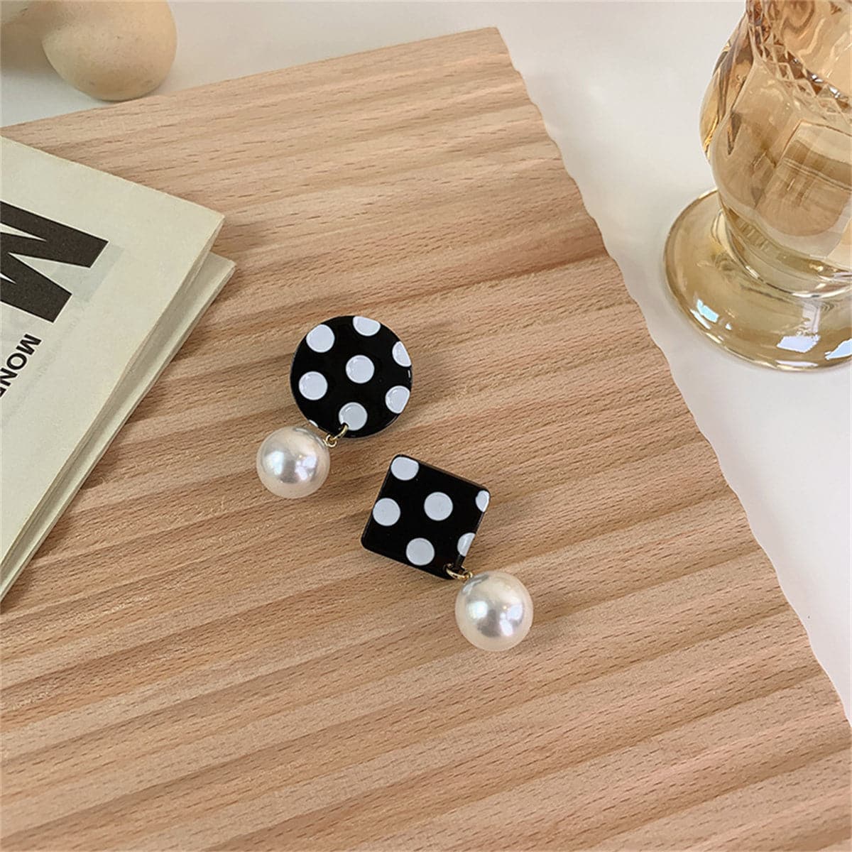 Black Acrylic and Pearl Spotted Geometric Mismatched Drop Earrings, drop earrings for women, styled look