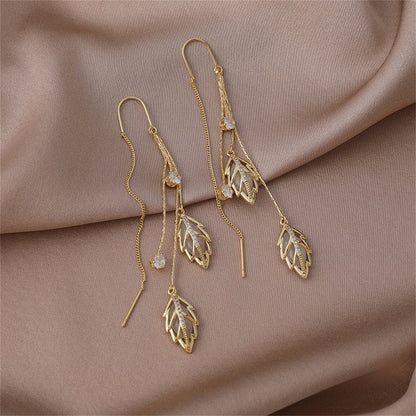 Cats Eye and 18K Gold-Plated Double Leaf Ear Threader Earrings, gold drop earrings for women, botanical inspired, styled look
