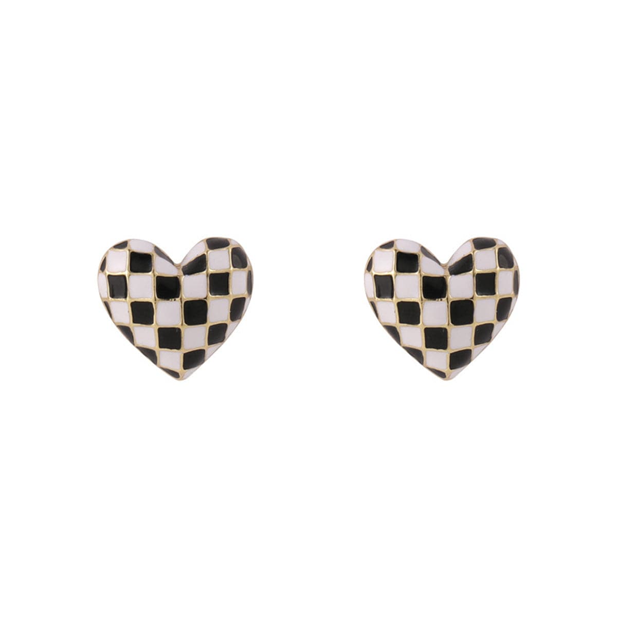 Black & White Enamel Checkerboard Heart Stud Earrings