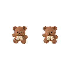 Coffee & Silver-plated Bear Stud Earrings