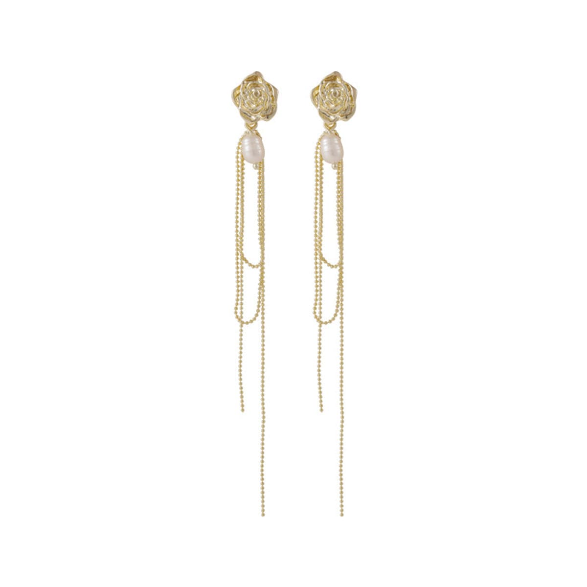 Pearl and 18K Gold-Plated Flower Tassel Drop Earrings, gold drop earrings for women, dainty minimalist design, side view