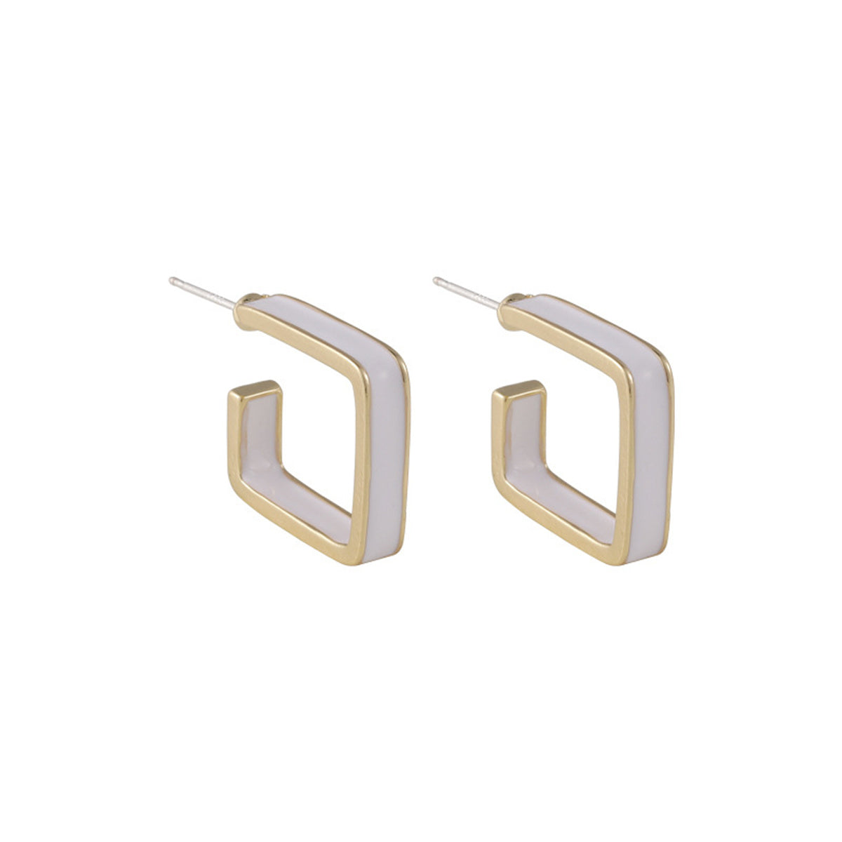 White Enamel and 18K Gold-Plated Open Square Huggie Earring, gold huggie earrings, everyday style, detail close-up