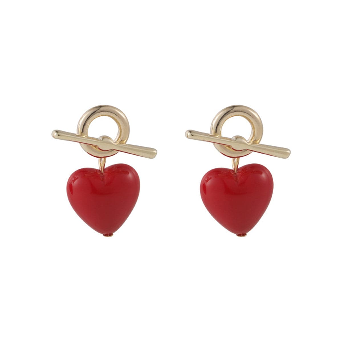Red Resin and 18K Gold-Plated Toggle Heart Drop Earrings, gold drop earrings for women, everyday style, front view