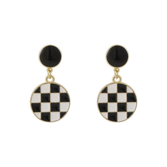 White and Black Enamel Checkerboard Round Drop Earrings, drop earrings for women, dainty minimalist design, front view