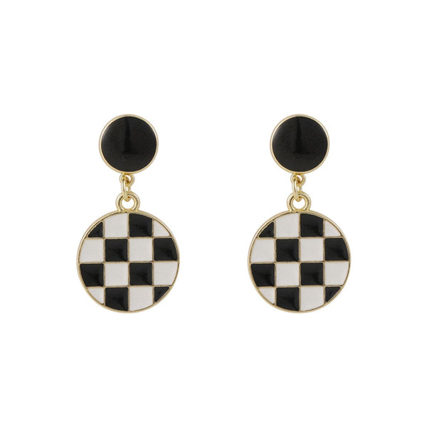 White & Black Enamel Checkerboard Round Drop Earrings