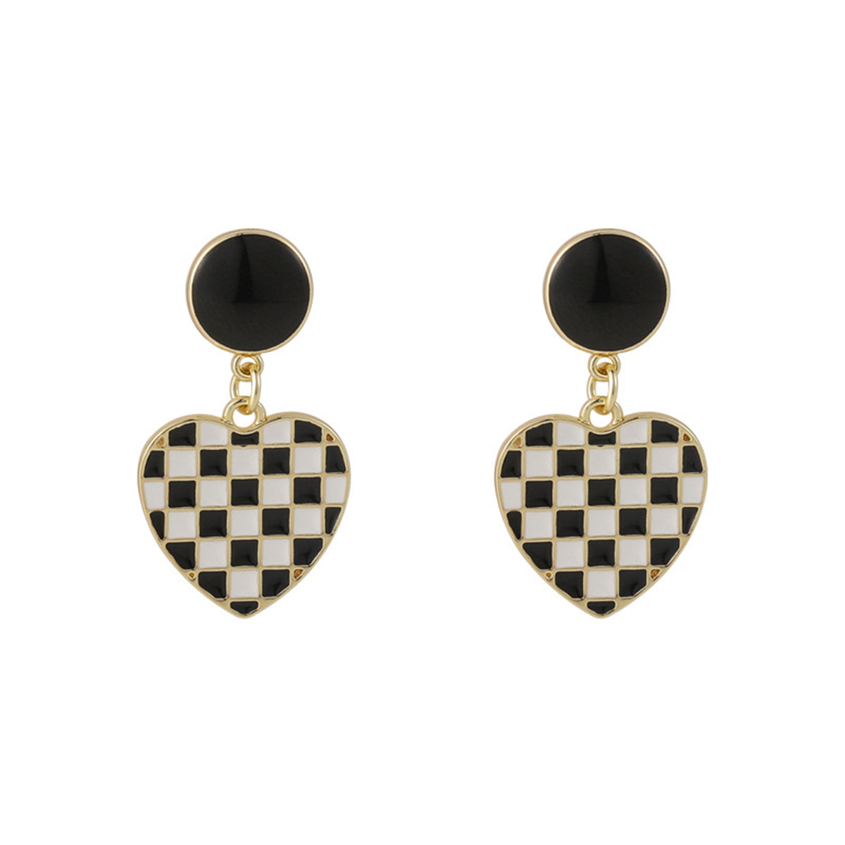 Black and White Enamel Checkerboard Tiered Heart Drop Earrings, drop earrings for women, vintage-inspired design, side view