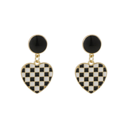 Black and White Enamel Checkerboard Tiered Heart Drop Earrings, drop earrings for women, vintage-inspired design, side view