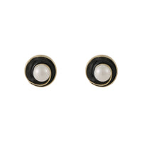 Pearl & Black Enamel Round Spiral Stud Earrings