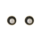 Pearl & Black Enamel Round Spiral Stud Earrings