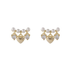 Cubic Zirconia & Pearl 18K Gold-Plated Heart Drop Earrings