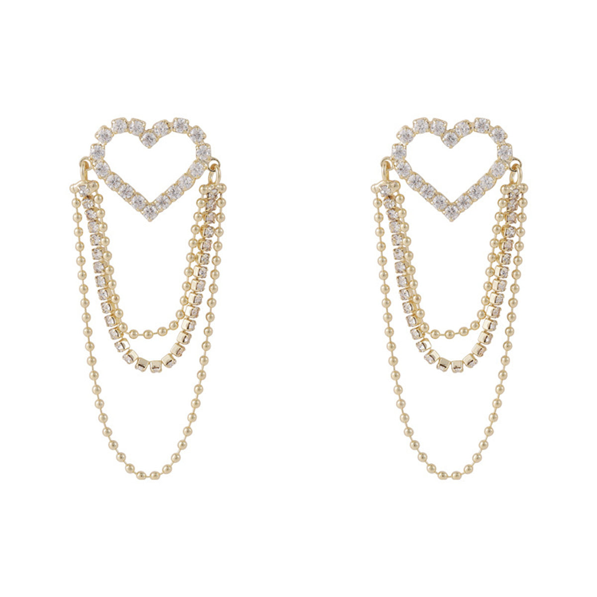 Cubic Zirconia and 18K Gold-Plated Heart Bead Tassel Drop Earrings, gold drop earrings for women, everyday style, front view