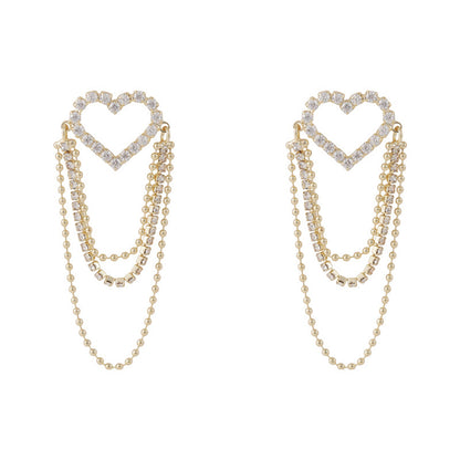 Cubic Zirconia and 18K Gold-Plated Heart Bead Tassel Drop Earrings, gold drop earrings for women, everyday style, front view