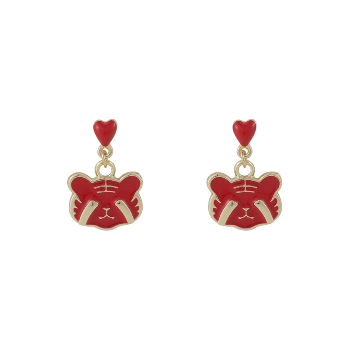 Red Enamel & 18K Gold-Plated Heart Tiger Drop Earrings