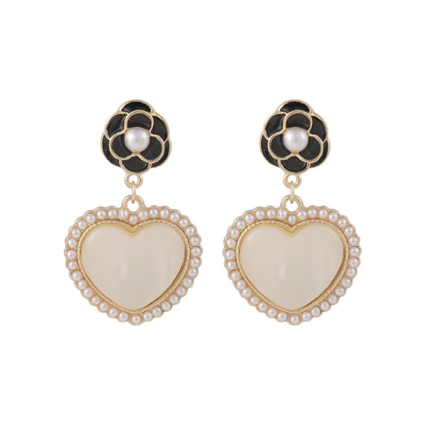 Pearl & Black Enamel Flower Heart Drop Earrings