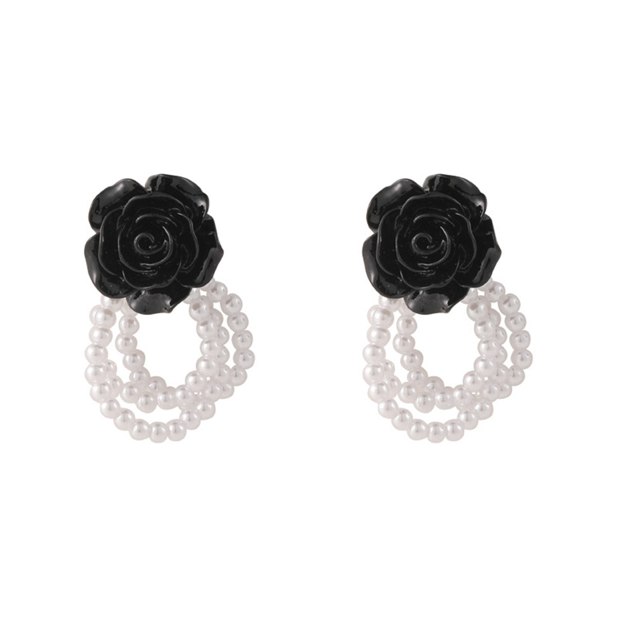 Black Resin & Pearl Silver-Plated Flower Bead Tassel Drop Earrings
