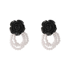 Black Resin & Pearl Silver-Plated Flower Bead Tassel Drop Earrings