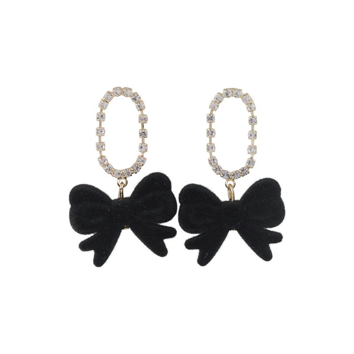 Black Velvet and Cubic Zirconia Oval Bow Drop Earrings, drop earrings for women, dainty minimalist design, side view