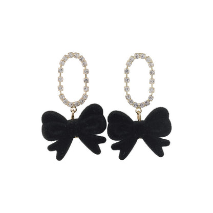 Black Velvet and Cubic Zirconia Oval Bow Drop Earrings, drop earrings for women, dainty minimalist design, side view