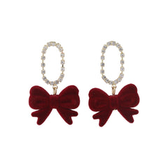 Cubic Zirconia & Wine Red Velvet 18K Gold-Plated Bow Drop Earrings