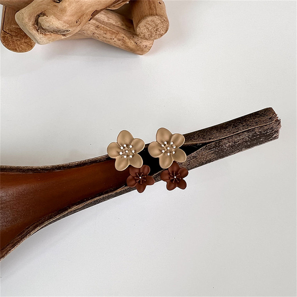 Brown Enamel & Silver-Plated Floral Drop Earrings